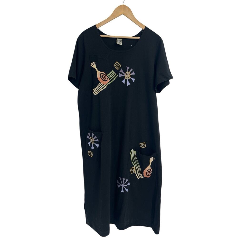 Vintage Viva City Art To Wear Lagenlook Black Cotton Short Sleeve Maxi Dress XL